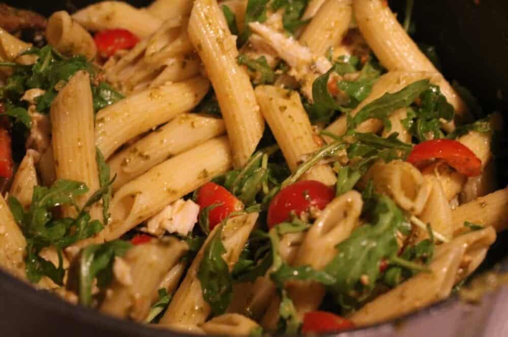 A healthy Chicken Pesto Pasta recipe great for Lunch or a Party Buffet