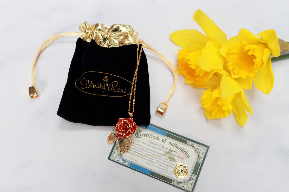 The Eternity Rose Red Glazed Rose Pendant in 24K Gold Leaf Theme